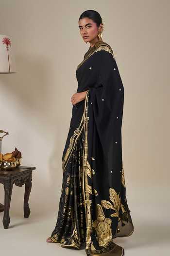 Masaba_Black Silk, Crepe High Neck Malabar Grove Saree With Unstitched Blouse Fabric _at_Aza_Fashions