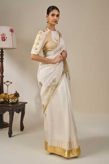 Masaba Ivory Silk, Tissue, Viscose Kathakali Tales Saree With Unstitched Blouse Fabric Online at Aza Fashions Masaba_Ivory Silk, Tissue, Viscose Kathakali Tales Saree With Unstitched Blouse Fabric _Online_at_Aza_Fashions