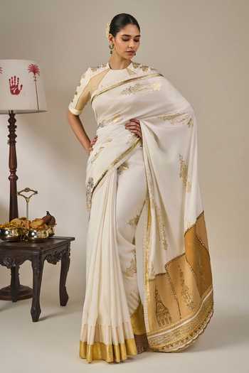 Shop Masaba Ivory Silk, Tissue, Viscose Kathakali Tales Saree With Unstitched Blouse Fabric Online at Aza Fashions Shop_Masaba_Ivory Silk, Tissue, Viscose Kathakali Tales Saree With Unstitched Blouse Fabric _Online_at_Aza_Fashions