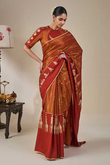 Buy_Masaba_Orange Silk, Viscose, Tissue The Heirloom Saree With Unstitched Blouse Fabric _Online_at_Aza_Fashions