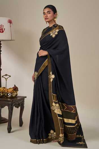 Masaba_Black Silk, Viscose, Tissue Golden Flame Saree With Unstitched Blouse Fabric _Online_at_Aza_Fashions