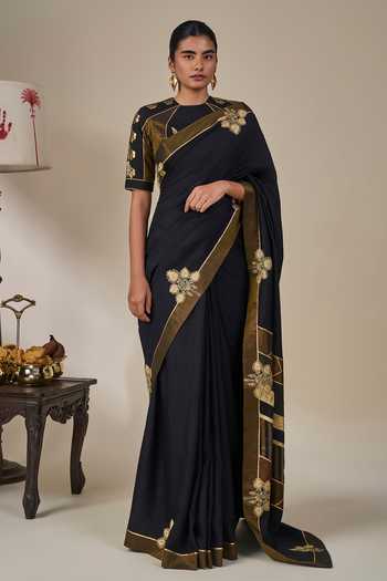 Buy_Masaba_Black Silk, Viscose, Tissue Golden Flame Saree With Unstitched Blouse Fabric _Online_at_Aza_Fashions