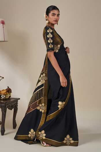 Shop_Masaba_Black Silk, Viscose, Tissue Golden Flame Saree With Unstitched Blouse Fabric _Online_at_Aza_Fashions