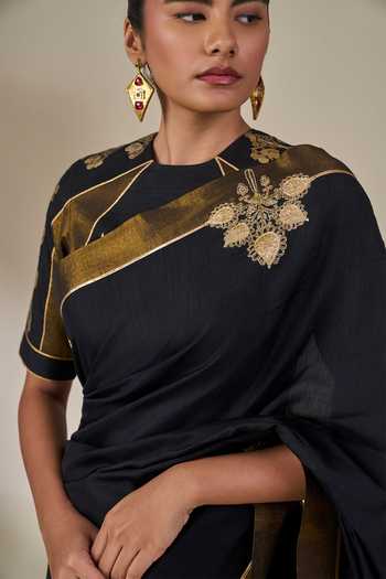 Masaba_Black Silk, Viscose, Tissue Golden Flame Saree With Unstitched Blouse Fabric _at_Aza_Fashions