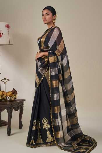 Masaba Black Silk, Viscose, Tissue Glided Lantern Saree With Unstitched Blouse Fabric Online at Aza Fashions Masaba_Black Silk, Viscose, Tissue Glided Lantern Saree With Unstitched Blouse Fabric _Online_at_Aza_Fashions