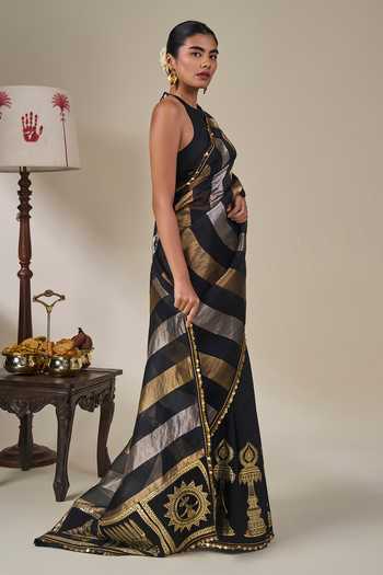 Buy Masaba Black Silk, Viscose, Tissue Glided Lantern Saree With Unstitched Blouse Fabric Online at Aza Fashions Buy_Masaba_Black Silk, Viscose, Tissue Glided Lantern Saree With Unstitched Blouse Fabric _Online_at_Aza_Fashions