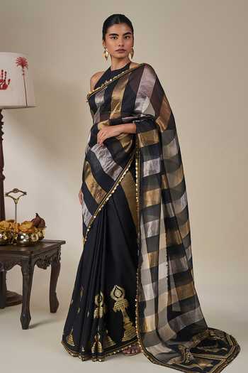 Masaba Black Silk, Viscose, Tissue Glided Lantern Saree With Unstitched Blouse Fabric at Aza Fashions Masaba_Black Silk, Viscose, Tissue Glided Lantern Saree With Unstitched Blouse Fabric _at_Aza_Fashions