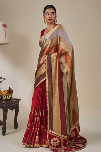 Masaba Red Silk, Viscose, Tissue Tropical Stardust Saree With Unstitched Blouse Fabric Online at Aza Fashions Masaba_Red Silk, Viscose, Tissue Tropical Stardust Saree With Unstitched Blouse Fabric _Online_at_Aza_Fashions