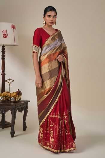 Shop Masaba Red Silk, Viscose, Tissue Tropical Stardust Saree With Unstitched Blouse Fabric Online at Aza Fashions Shop_Masaba_Red Silk, Viscose, Tissue Tropical Stardust Saree With Unstitched Blouse Fabric _Online_at_Aza_Fashions