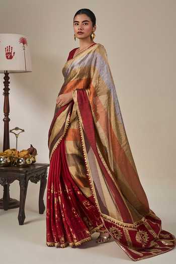 Masaba Red Silk, Viscose, Tissue Tropical Stardust Saree With Unstitched Blouse Fabric at Aza Fashions Masaba_Red Silk, Viscose, Tissue Tropical Stardust Saree With Unstitched Blouse Fabric _at_Aza_Fashions