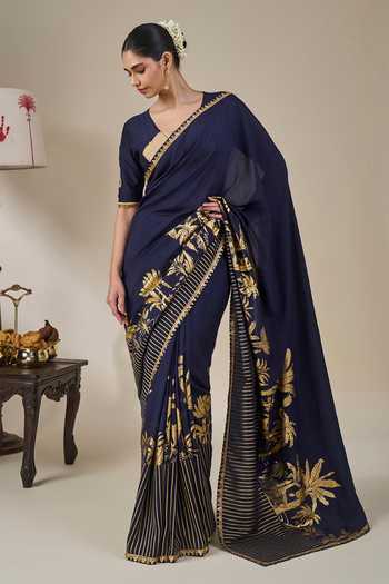 Buy_Masaba_Blue Silk, Viscose, Backwater Postcard Saree With Unstitched Blouse Fabric 