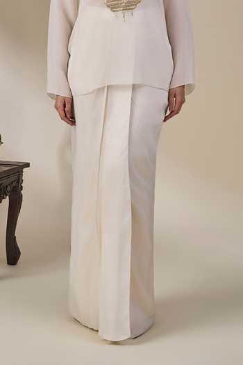 Masaba_Ivory Viscose, Organza Mandarin Collar, V-neck Malabar Golden Tales Skirt Set _Online_at_Aza_Fashions