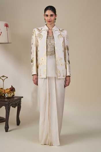Buy_Masaba_Ivory Viscose, Organza Mandarin Collar, V-neck Malabar Golden Tales Skirt Set _Online_at_Aza_Fashions