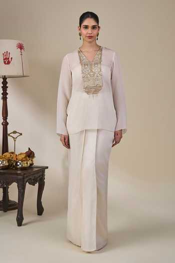Shop_Masaba_Ivory Viscose, Organza Mandarin Collar, V-neck Malabar Golden Tales Skirt Set _Online_at_Aza_Fashions