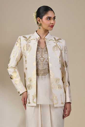 Masaba_Ivory Viscose, Organza Mandarin Collar, V-neck Malabar Golden Tales Skirt Set _at_Aza_Fashions