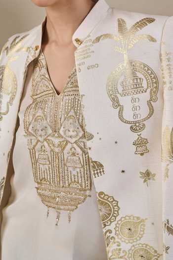 Buy_Masaba_Ivory Viscose, Organza Mandarin Collar, V-neck Malabar Golden Tales Skirt Set 