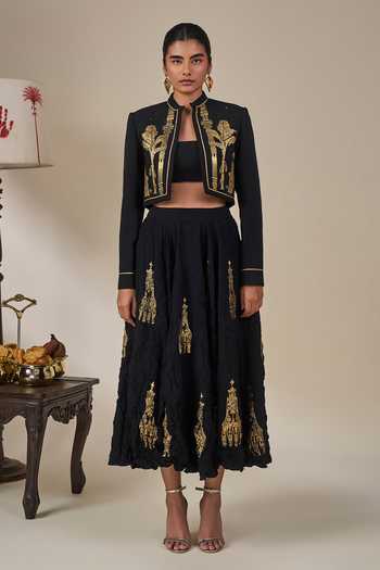 Masaba Black Silk, Crepe Mandarin Collar, Bandeau Neck Malabar Heirloom Skirt Set Online at Aza Fashions Masaba_Black Silk, Crepe Mandarin Collar, Bandeau Neck Malabar Heirloom Skirt Set _Online_at_Aza_Fashions