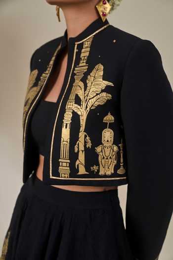 Masaba Black Silk, Crepe Mandarin Collar, Bandeau Neck Malabar Heirloom Skirt Set at Aza Fashions Masaba_Black Silk, Crepe Mandarin Collar, Bandeau Neck Malabar Heirloom Skirt Set _at_Aza_Fashions