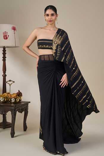 Masaba_Black Crepe, Silk Bandeau Neck Midnight Moonline Draped Saree Set _Online_at_Aza_Fashions