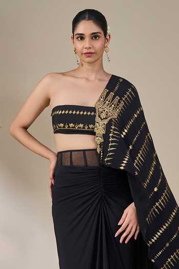 Buy_Masaba_Black Crepe, Silk Bandeau Neck Midnight Moonline Draped Saree Set _Online_at_Aza_Fashions