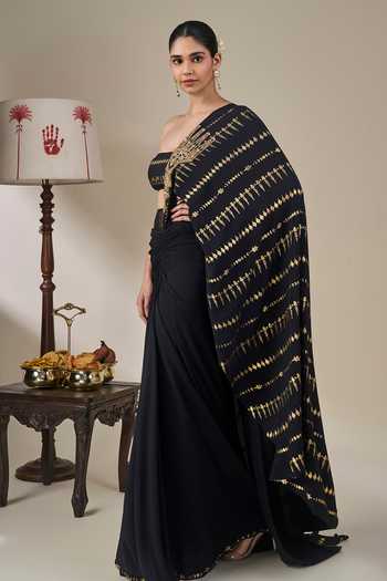 Shop_Masaba_Black Crepe, Silk Bandeau Neck Midnight Moonline Draped Saree Set _Online_at_Aza_Fashions