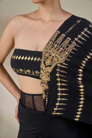 Masaba_Black Crepe, Silk Bandeau Neck Midnight Moonline Draped Saree Set _at_Aza_Fashions