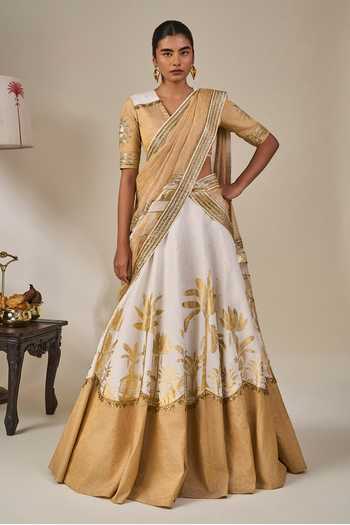 Masaba Gold Silk, Viscose, Tissue, Organza V-neck Backwater Postcard Lehenga Set Online at Aza Fashions Masaba_Gold Silk, Viscose, Tissue, Organza V-neck Backwater Postcard Lehenga Set _Online_at_Aza_Fashions