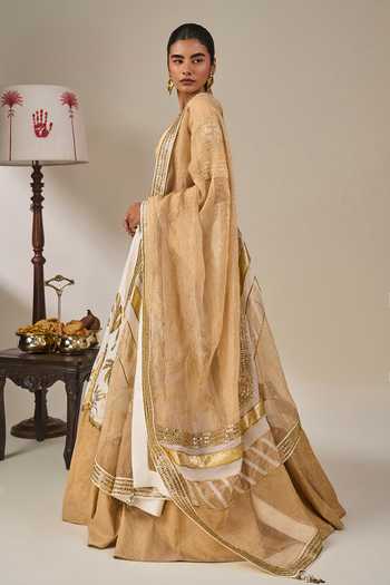 Buy Masaba Gold Silk, Viscose, Tissue, Organza V-neck Backwater Postcard Lehenga Set Online at Aza Fashions Buy_Masaba_Gold Silk, Viscose, Tissue, Organza V-neck Backwater Postcard Lehenga Set _Online_at_Aza_Fashions