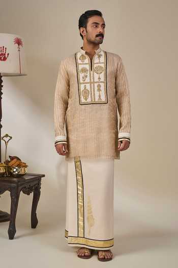 Masaba Gold Silk, Tissue, Viscose Kochi Conch Kurta Lungi Set at Aza Fashions Masaba_Gold Silk, Tissue, Viscose Kochi Conch Kurta Lungi Set _at_Aza_Fashions