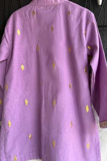 Shop_The little tales_Purple Silk, Cotton Anchor Thread Work Kurta Set _Online_at_Aza_Fashions