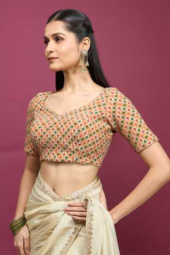 Khwaab By Sanjana Lakhani Yellow Viscose V-neck Floral Jaal Print And Embroidered Blouse Online at Aza Fashions Khwaab By Sanjana Lakhani_Yellow Viscose V-neck Floral Jaal Print And Embroidered Blouse _Online_at_Aza_Fashions