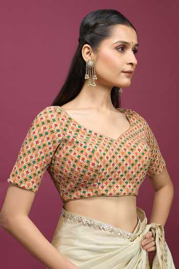 Buy Khwaab By Sanjana Lakhani Yellow Viscose V-neck Floral Jaal Print And Embroidered Blouse Online at Aza Fashions Buy_Khwaab By Sanjana Lakhani_Yellow Viscose V-neck Floral Jaal Print And Embroidered Blouse _Online_at_Aza_Fashions