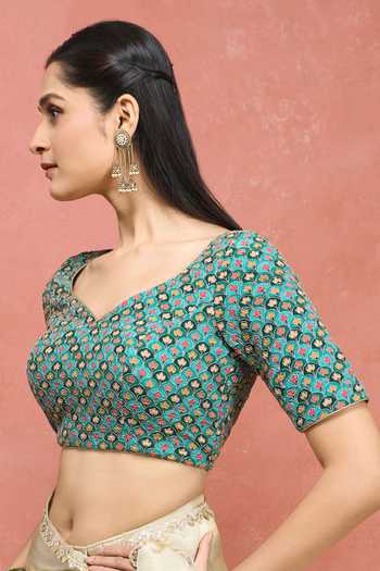 Khwaab By Sanjana Lakhani Green Viscose Leaf Neck Floral Print And Embroidered Blouse Online at Aza Fashions Khwaab By Sanjana Lakhani_Green Viscose Leaf Neck Floral Print And Embroidered Blouse _Online_at_Aza_Fashions