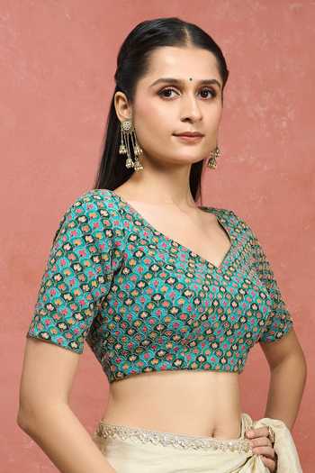 Buy Khwaab By Sanjana Lakhani Green Viscose Leaf Neck Floral Print And Embroidered Blouse Online at Aza Fashions Buy_Khwaab By Sanjana Lakhani_Green Viscose Leaf Neck Floral Print And Embroidered Blouse _Online_at_Aza_Fashions
