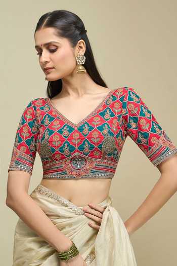 Khwaab By Sanjana Lakhani Blue Silk V-neck Floral Jaal Embroidered Blouse Online at Aza Fashions Khwaab By Sanjana Lakhani_Blue Silk V-neck Floral Jaal Embroidered Blouse _Online_at_Aza_Fashions