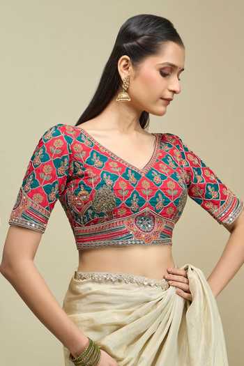 Buy Khwaab By Sanjana Lakhani Blue Silk V-neck Floral Jaal Embroidered Blouse Online at Aza Fashions Buy_Khwaab By Sanjana Lakhani_Blue Silk V-neck Floral Jaal Embroidered Blouse _Online_at_Aza_Fashions
