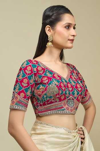 Buy_Khwaab By Sanjana Lakhani_Pink Silk V-neck Floral Jaal Embroidered Blouse _Online_at_Aza_Fashions