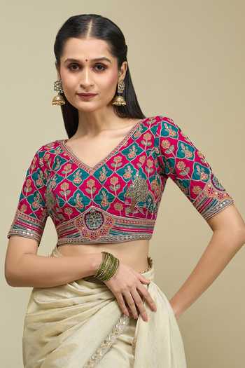Shop_Khwaab By Sanjana Lakhani_Pink Silk V-neck Floral Jaal Embroidered Blouse _Online_at_Aza_Fashions
