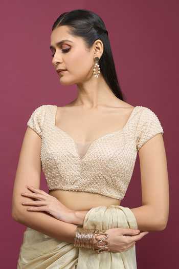 Khwaab By Sanjana Lakhani_Gold Silk Sweetheart Neck Beaded Embroidered Blouse _Online_at_Aza_Fashions