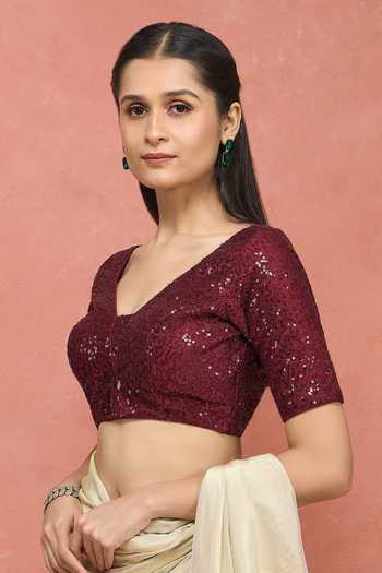Khwaab By Sanjana Lakhani Maroon Polyester V-neck Sequin Work Blouse Online at Aza Fashions Khwaab By Sanjana Lakhani_Maroon Polyester V-neck Sequin Work Blouse _Online_at_Aza_Fashions