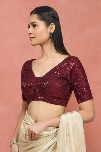 Buy Khwaab By Sanjana Lakhani Maroon Polyester V-neck Sequin Work Blouse Online at Aza Fashions Buy_Khwaab By Sanjana Lakhani_Maroon Polyester V-neck Sequin Work Blouse _Online_at_Aza_Fashions