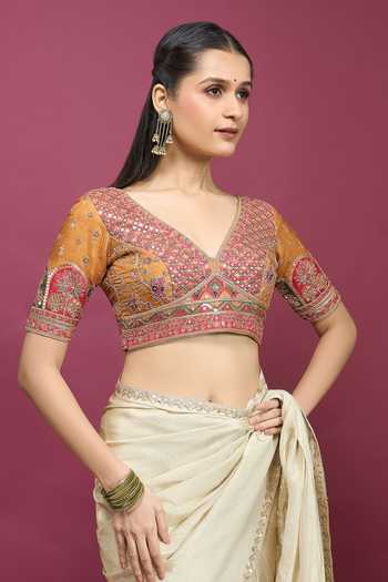 Khwaab By Sanjana Lakhani_Yellow Silk V-neck Floral Pattern Embroidered Blouse _Online_at_Aza_Fashions