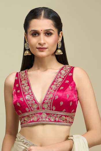 Khwaab By Sanjana Lakhani Pink Silk V-neck Floral Motif Embroidered Blouse Online at Aza Fashions Khwaab By Sanjana Lakhani_Pink Silk V-neck Floral Motif Embroidered Blouse _Online_at_Aza_Fashions