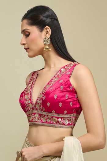 Buy Khwaab By Sanjana Lakhani Pink Silk V-neck Floral Motif Embroidered Blouse Online at Aza Fashions Buy_Khwaab By Sanjana Lakhani_Pink Silk V-neck Floral Motif Embroidered Blouse _Online_at_Aza_Fashions
