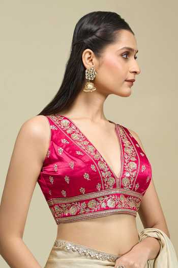 Shop Khwaab By Sanjana Lakhani Pink Silk V-neck Floral Motif Embroidered Blouse Online at Aza Fashions Shop_Khwaab By Sanjana Lakhani_Pink Silk V-neck Floral Motif Embroidered Blouse _Online_at_Aza_Fashions