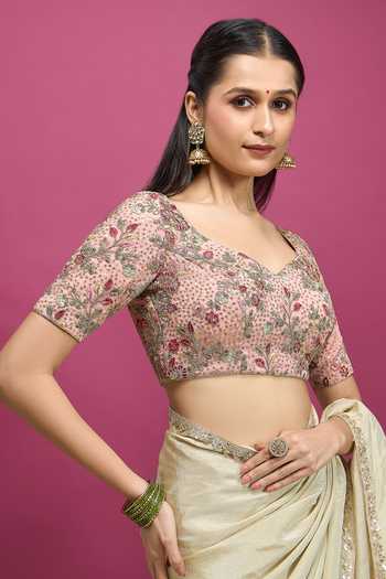 Khwaab By Sanjana Lakhani_Pink Silk Sweetheart Neck Floral Embroidered Blouse _Online_at_Aza_Fashions