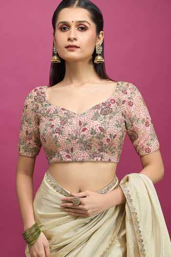Buy_Khwaab By Sanjana Lakhani_Pink Silk Sweetheart Neck Floral Embroidered Blouse _Online_at_Aza_Fashions