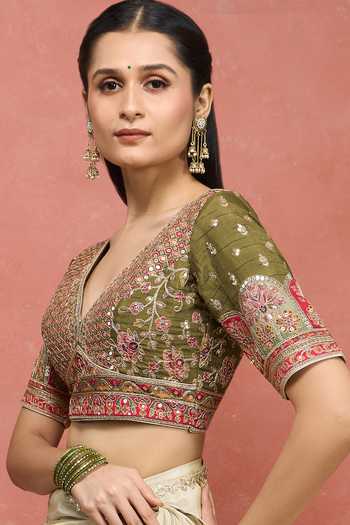 Khwaab By Sanjana Lakhani_Olive Green Silk V-neck Floral Embroidered Blouse _Online_at_Aza_Fashions