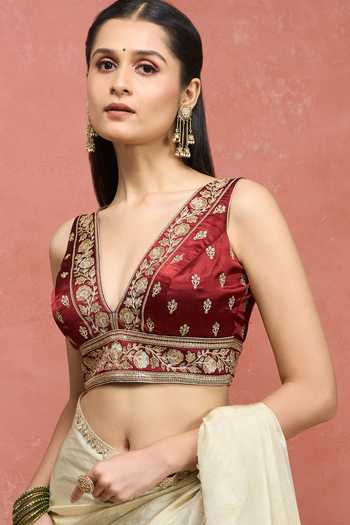 Khwaab By Sanjana Lakhani Maroon Silk V-neck Floral Butti Embroidered Blouse Online at Aza Fashions Khwaab By Sanjana Lakhani_Maroon Silk V-neck Floral Butti Embroidered Blouse _Online_at_Aza_Fashions