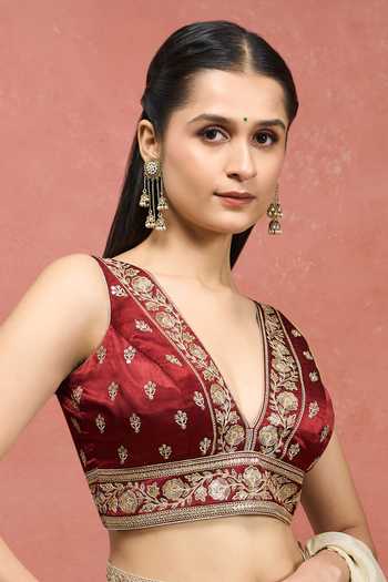 Buy Khwaab By Sanjana Lakhani Maroon Silk V-neck Floral Butti Embroidered Blouse Online at Aza Fashions Buy_Khwaab By Sanjana Lakhani_Maroon Silk V-neck Floral Butti Embroidered Blouse _Online_at_Aza_Fashions